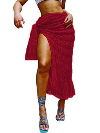 Avanova Damen-Midirock mit Rüschenbesatz und Sarong-Vertuschung, Strand, gerüscht, geteilter Oberschenkel, Midirock, Rot/Ausflug, einfarbig (Getaway Solids), Klein Cover