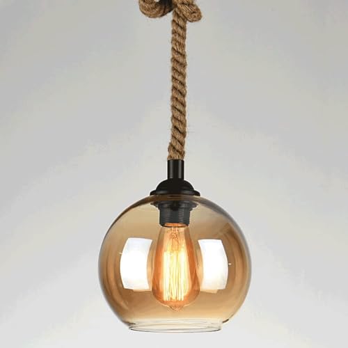 Chandelier corde de chanvre E27 suspension rétro lampe pendente réglable boule en verre