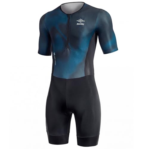 Santic Mens Short Sleeve Triathlon Suit One-Piece Tri Suit with Padding & Rear Pockets Quick-Dry Performance Swim Bike Run Triathlon Gear for Training & Racing Green S