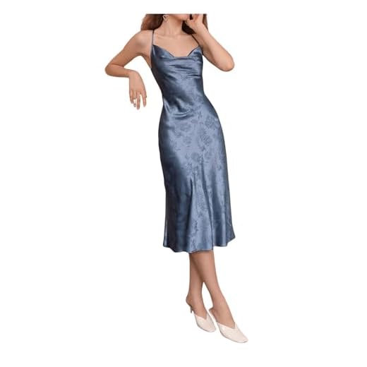 Floerns Women's Spaghetti Strap Cowl Neck Long Slip Satin Silk Midi Dress Blue Floral M