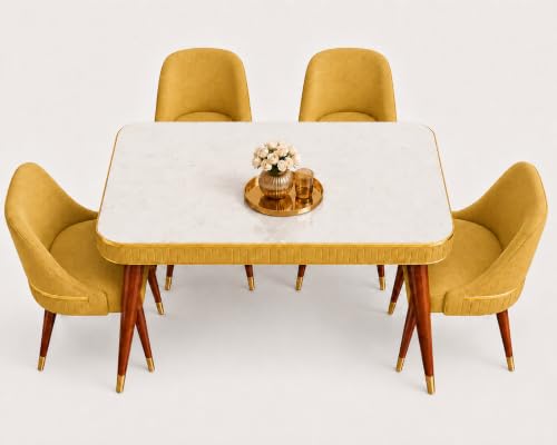 Image of WOODEN SPACE Majestic 4 Seater Wooden Dining Table Set | Urban Marble Top Dining Table with Chairs for Dining Room & Kitchen (Yellow Modern Grand Aura) (54 x 36 x 30 inch)