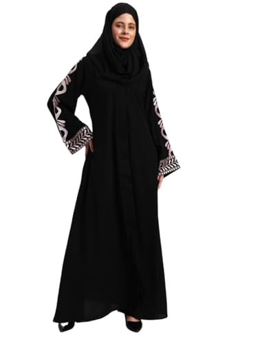 Womens Abaya with Hijab | Embroidered Long Sleeve Maxi Dress | Modest Islamic Clothing for Women | Poly Crepe Muslim Prayer Dress for Daily Wear Eid & Special Occasions Machine Wash (S-XXL)