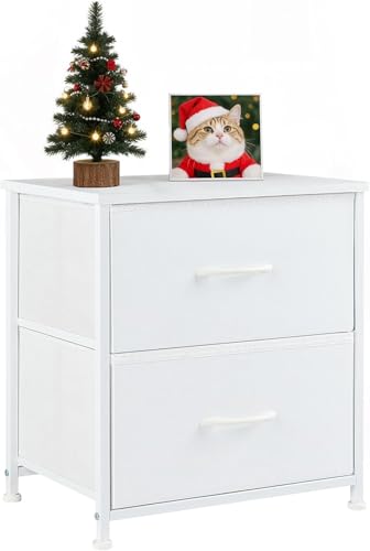 Image of Nightstand, Small 2 Drawer Dresser Side Table, Bedside Storage Furniture with Wooden Top Fabric Bins for Bedroom, Closet, Dorm, 11.8 inch D x 18 inch W x 20 inch H, Cream White