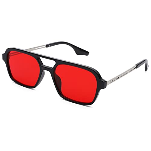 COASION Vintage 70s Flat Aviator Small Frame Sunglasses for Women Men Square Metal Design UV400 Protection Shades(Black Frame/Red Lens)