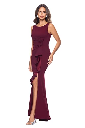 Image of Betsy & Adam Women's Long Bodycon Sleeveless Boat Neck Evening Gown with Side Slit Ruffle