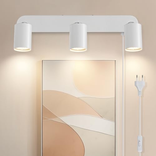 TaFiCo Aplique Pared con Enchufe y Interruptor 3 Focos Blanco GU10 - Lampara de Pared con Cable Giratorio 350° Moderno - Apliques Pared Dormitorio Salón Pasillo Pintura Mural - Sin Bombillas