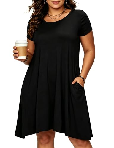 Image of Afibi Womens Short Sleeve Loose Pockets Dress Casual Swing T-Shirt Dresses