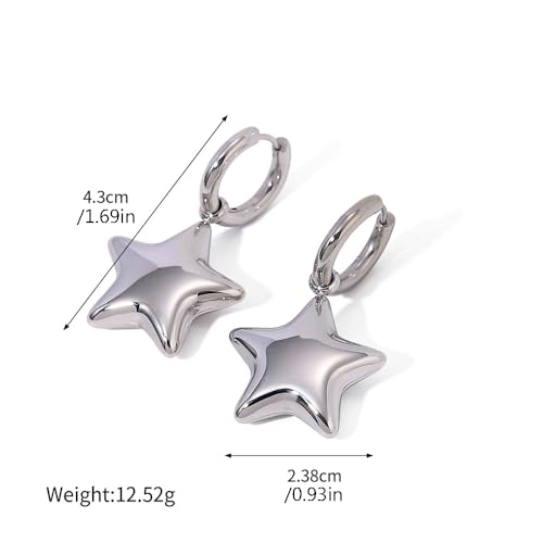 Dainty 3D Star Dangle Drop Small Hoop Earrings for Women Cute Stainless Steel Gold Silver Plated Stars Dangling Huggie Hoops Lightweight Hypoallergenic Fashion Trendy Jewelry Birthday Gift Her2