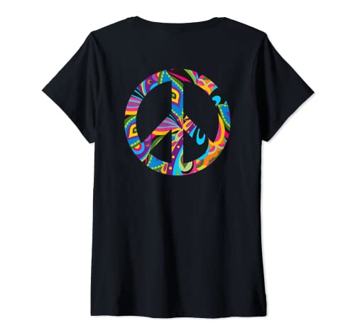 Donna Backprint Flower Power Peace Hippie - Costume anni '60 70 Maglietta con Collo a V