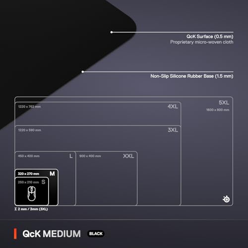 SteelSeries QcK Medium Gaming Mousepad — Black — Non-Slip Silicone Rubber Base — Peak Tracking and Stability — Optimized