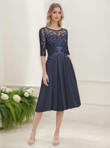 Tea Length Mother of The Bride Dresses with Sleeves for Wedding Lace Chiffon Formal Dresses2