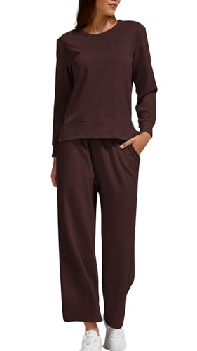 Women’s Air Layer Fabric 2 Piece Set Stylish Long Sleeve Top & Wide Leg 3/4 Pants Lounge Matching Tracksuit