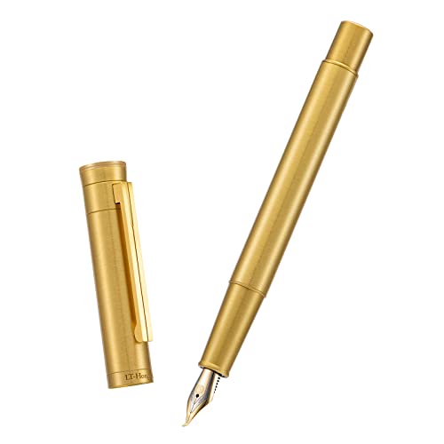 Image of Hongdian Pure Brass Fountain Pen Bent Nib Fude Pen for Calligraphy Writing (Fine to Broad) with Refillable Converter and Metal Pen Box Set