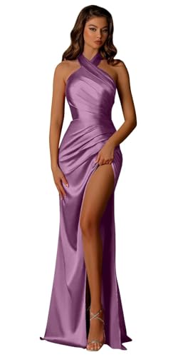Image of Halter Satin Bridesmaid Dresses Long with Slit for Women Mermaid Prom Dress Pleated Formal Gown Evening Dress