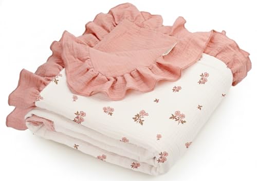 Image of Muslin Ruffled Baby Blanket, Extra Large 52 x 52 Inches, Soft Breathable Cotton Crib Blanket for Newborn Infant Toddler (Vintage Blossom-Ruffled, Printed)