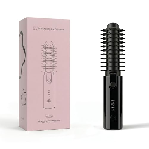 7000mAh Cordless Curling Iron Brush 2-in-1 Ionic Heated Round Brush with 5 Extended Barrel Portable Hair Volumizer for Root Lifting & Bangs 4 Temp Levels up to 430F Travel-Friendly(Black)