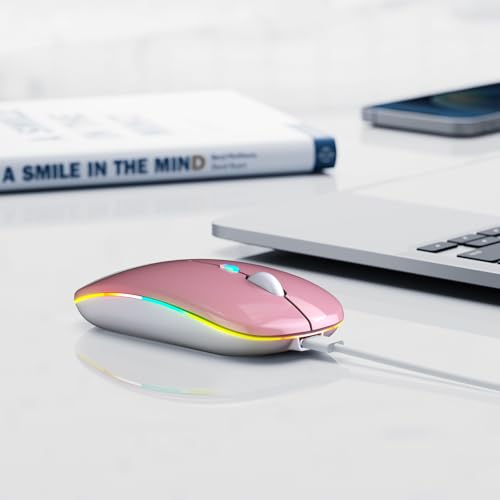 Image of Wireless Bluetooth Mouse, Rechargeable, LED, Silent, Ultra-thin Design (Bluetooth 5.2 and 2.4GHz USB Receiver) | Portable Computer Mouse for Laptops, iPads, MacBooks and Apple Devices (Rose gold)