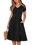 ANRABESS Women Summer Dress Casual Short Sleeve V Neck A-Line Knee Length Pleated Flowy 2025 Fashion Midi Dresses with Pocket Black Medium