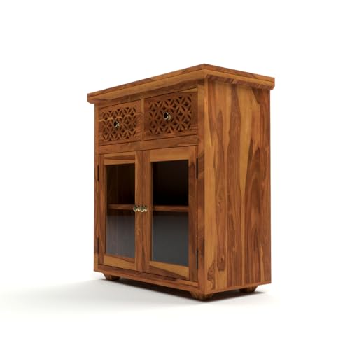 Image of Solid Sheesham Wood Sideboard Cabinet for Living Room | Wooden Storage Cabinet with 2 Acrylic Glass Doors & 2 Carved Drawers | Modern Display Sideboard for Home (Honey Finish)
