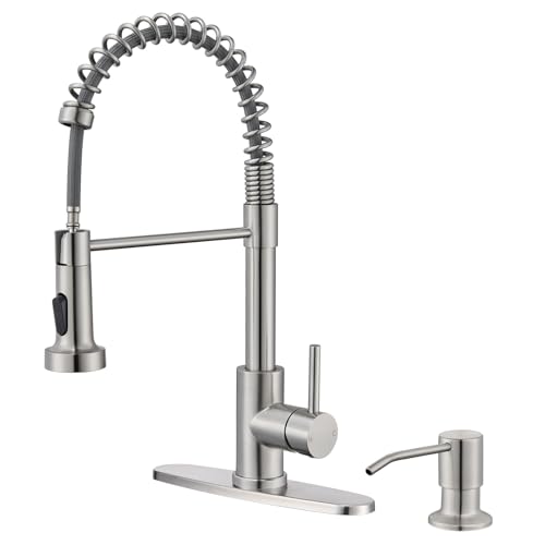 Image of Kitchen Faucet with Soap Dispenser, Brushed Nickel Kitchen Sink Faucet with Sprayer 304 Stainless Steel Single Handle Dual Function Spring Commercial for Farmhouse Camper Laundry RV Bar