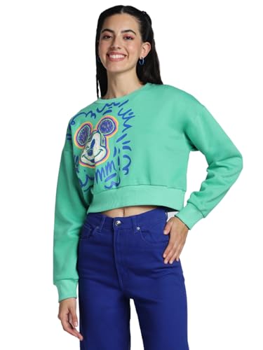 Image of JUNEBERRY Cotton Poly Fleece Official Disney Merchandise Regular Fit Orange & Green Mickey Mouse See Ya Real Soon Graphic Print Full Sleeve Sweatshirt for Women