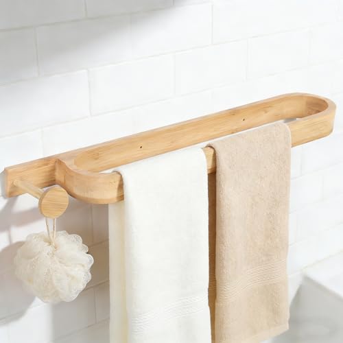 Bamboo Towel Bar Self Adhesive Bamboo Towel Rack Bathroom Wall Mounted Towel Holder Farmhouse Towel Holder Decorative Natural Wooden Towel Rail for Bathroom Kitchen Living Room Bedroom