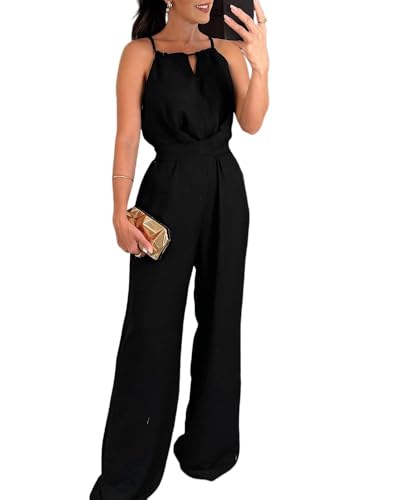 CHICME Womens Sexy Halter Jumpsuits Sleeveless Casual Ruched Rompers Black Wide Leg Jumpsuit Beach Summer Vacation Outfits-L