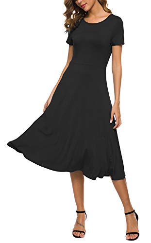 Women's Casual Round Neck Short Sleeve Midi Dress Solid Stretchy Waist Knee Long Dress