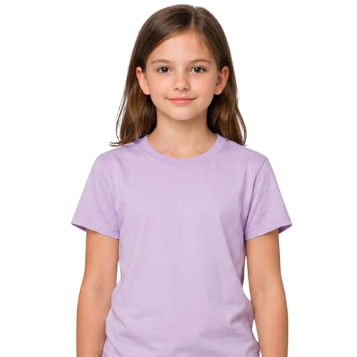 Image of Bonjour - Girls Summer Short Sleeve T-Shirt 100% Cotton Kids Tops Children's T-Shirts Plain Casual Sport Crew Neck Tees Tops, T Shirts for Girls, 5-13 Yrs Lavender