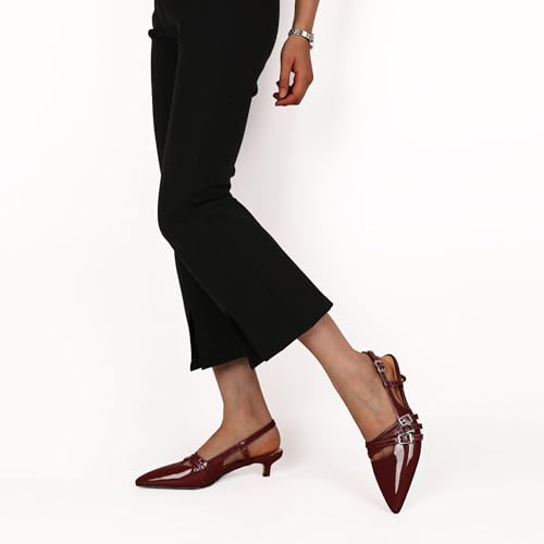 Eldof Women's Slingback Kitten Heels Buckle Strap Pointed Closed Toe Slip On Low Heel Pumps Shoes Dress 1.5 Inches3