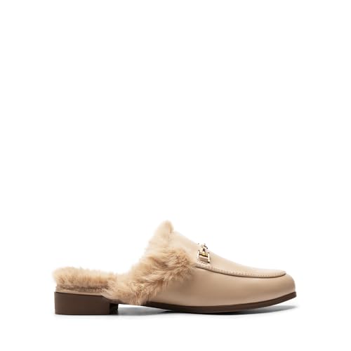 DREAM PAIRS Mules for Women Flats Comfortable Buckle Mules Slip on Slides Backless Loafers Shoes,Size 6,Nude-Fur,SDML2401W