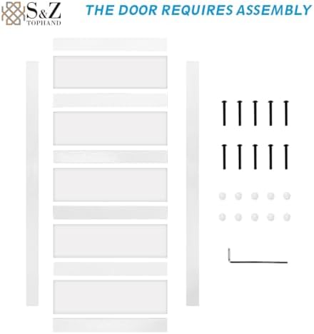 S&Z TOPHAND® 18 in x 84 in Double Glass Sliding MDF Barn Door with 8FT Sliding Door Hardware Kit, 5 Tempered Frosted Glass, Slab Inside Covered with Water-Proof PVC Surface, Simple DIY Assembly