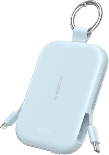 RORRY Portable Charger, 5000mAh Portable Charger Power Bank with Built-in Cables, Travel Keychain Charger Battery Pack for iPhone 17/16/15/14/13/12, for AirPods 2/3/4/Pro, Blue