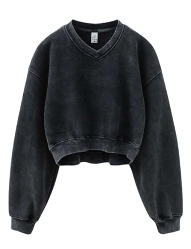 Hatant Sweatshirt for Women Acid Wash Athletic Hoodies Heritage Fleece V-neck Long Sleeve Hoodie Y2K Crop Pullover Women Sweatshirt Cotton Fleece Lined Hoodies Workout Pullover Shirt Black-S