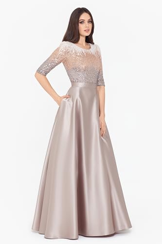 Betsy & Adam Women's Sequin Embellished Satin Ball Gown with 3/4 Sleeves and Center Back Zipper2