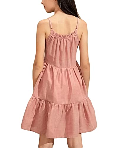 Fommykin Girl's Sundress Kids Spaghetti Strap Beach Linen Flowy Dress Cute Tiered Cami Tank Dress for 6-14 Years2