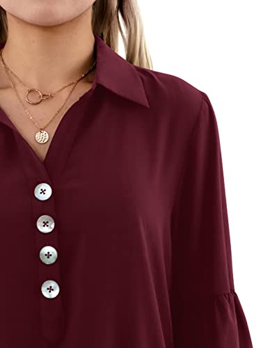Amoretu Women's Casual Dresses 3/4 Flounce Sleeves Work Shirt Dress, Burgundy S #TOP3