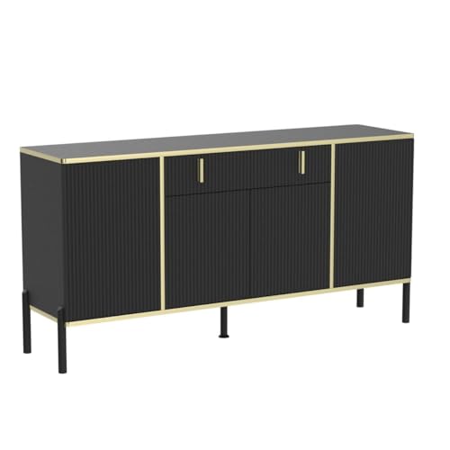 ECACAD Modern Sideboard Buffet Storage Cabinet with Ripple Doors, Drawer & 6 Storage Compartments, Kitchen Cupboard Console Cabinet with Metal Legs for Living Room, Entryway, Black & Gold