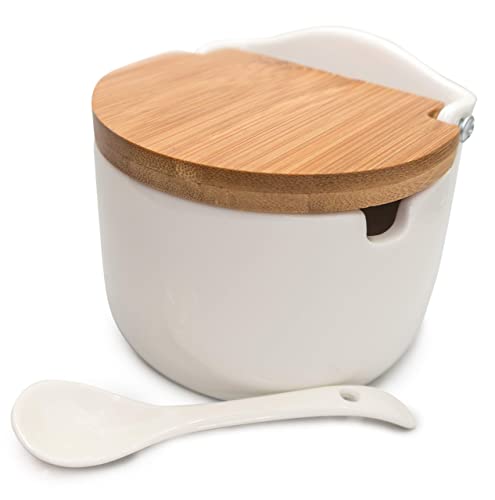 Nerthus FIH 560 Salière en porcelaine avec couvercle en bois et cuillère en acier inoxydable Blanc pur