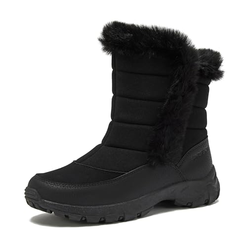 Lands' End Expedition Slip On Insulated Waterproof Winter Boots for Women, Puffer Fur Trimmed Hook & Loop Womens Boots, Medium or Wide Width Sizes 6 to 11, Black, Brown or White - Black, 8.5 Medium