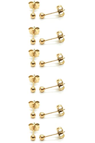 14K Gold Filled Polished Small CZ Pearl Ball Stud Earrings Set for Women Men 20G Surgical Steel Hypoallergenic Piercing Studs for Sensitive Ear, Pack of 6 Pairs