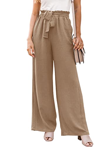 Nimin Women's Wide Leg Pants Flowy High Waisted Work Pants Summer Casual Beach Pants Loose Lounge Pants With Pockets Dark Khaki Large #TOP1