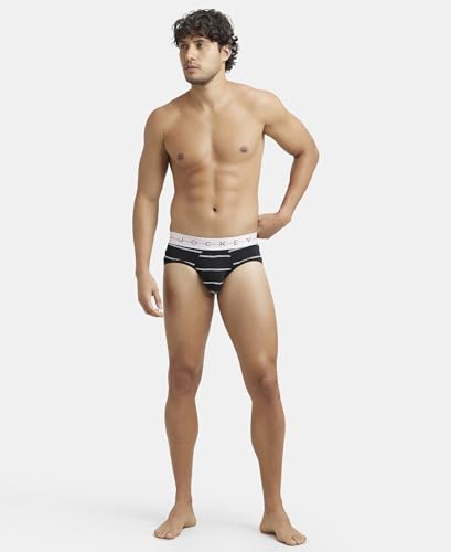 Image of Jockey Men's Super Combed Cotton Elastane Stretch Printed Brief with Ultrasoft Waistband NY01 Black XL