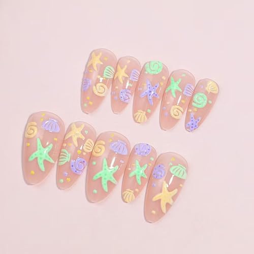 Image of Ocean Starfish Press on Nails Short Square Acrylic Fake Nails with Sea Shell Design Nude Full Cover Glue on nails Colorful False Nails Glossy Artificial Stick on Nails for Women Summer Manicure 24Pcs