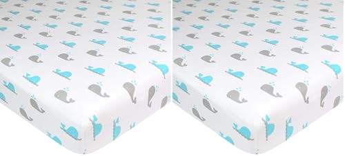 Image of TL Care Fitted Mini Crib Sheet 24 inch x 38 inch, Soft Breathable Neutral 100% Cotton Jersey Portable Sheet, Aqua Whale, for Boys and Girls, Fits Most Pack N Play and Mini Crib Mattresses (Pack of 2)