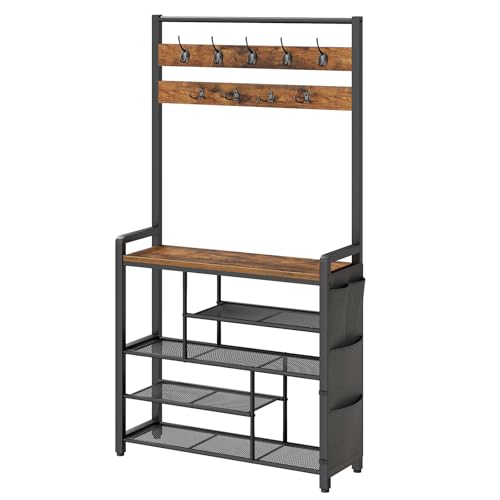 HOOBRO Hall Tree with Bench, Shoe Rack with Coat Rack, Coat Rack with Shoe Storage, 5 Tier Shoe Storage Organizer with Oxford Fabric Side Pockets, Coat and Shoe Rack Entryway, Rustic Brown BF45MT01