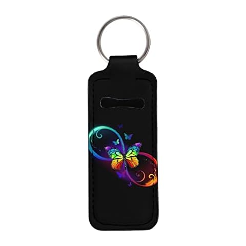 COEQINE Chapstick Holder Keychains Lipstick Holder Keychains for Women Girls,Chapstick Tracker Lipstick Balm Holder Safeguard,Print Colorful Butterfly Black Cover