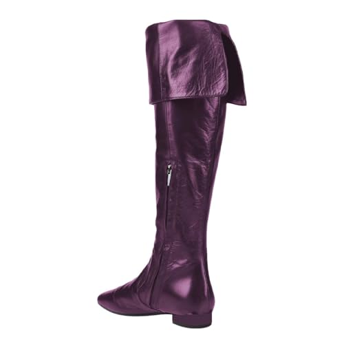 Pazzion Womens Square Toe Foldover Flats Knee High Boots Side Zipper Wide Calf Low Heel Long Booties Prom Office Fall Winter Shoes Size 4-16 US4