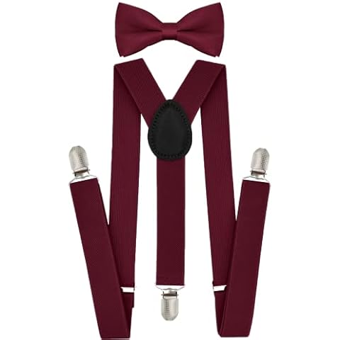 trilece Burgundy Suspenders and Bowtie Set for Boys, Kids, Girls, Toddlers, Baby,Adjustable Elastic 1 inch Wide Y Shape,Heavy Duty Strong Clips (6 Years to 5 Feet, Burgundy) Cover