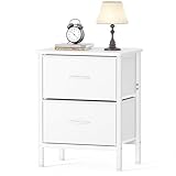 HOMIDEC Bedside Table, Bedroom Bedside Cabinet with 2 Fabric Drawers and Metal Frame, Large Capacity Storage Nightstand, Side Table for Bedroom, Living Room, White Leather